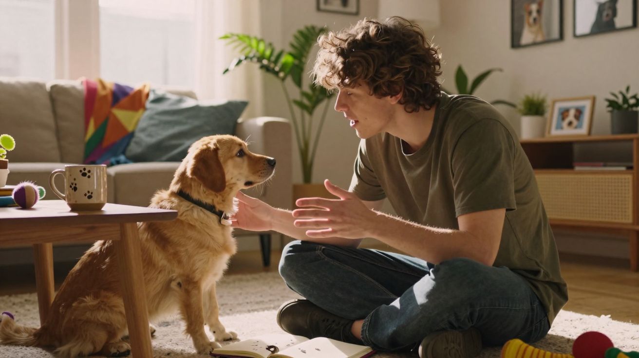 Jovem sentado no chão da sala a falar com um cão golden retriever sentado à sua frente.