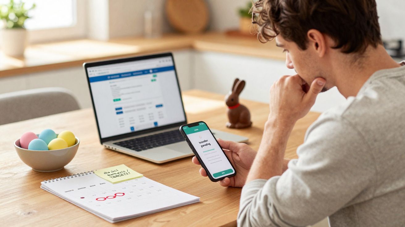 Homem sentado a analisar os dados no telemóvel com portátil, calendário e ovos coloridos numa mesa de madeira.