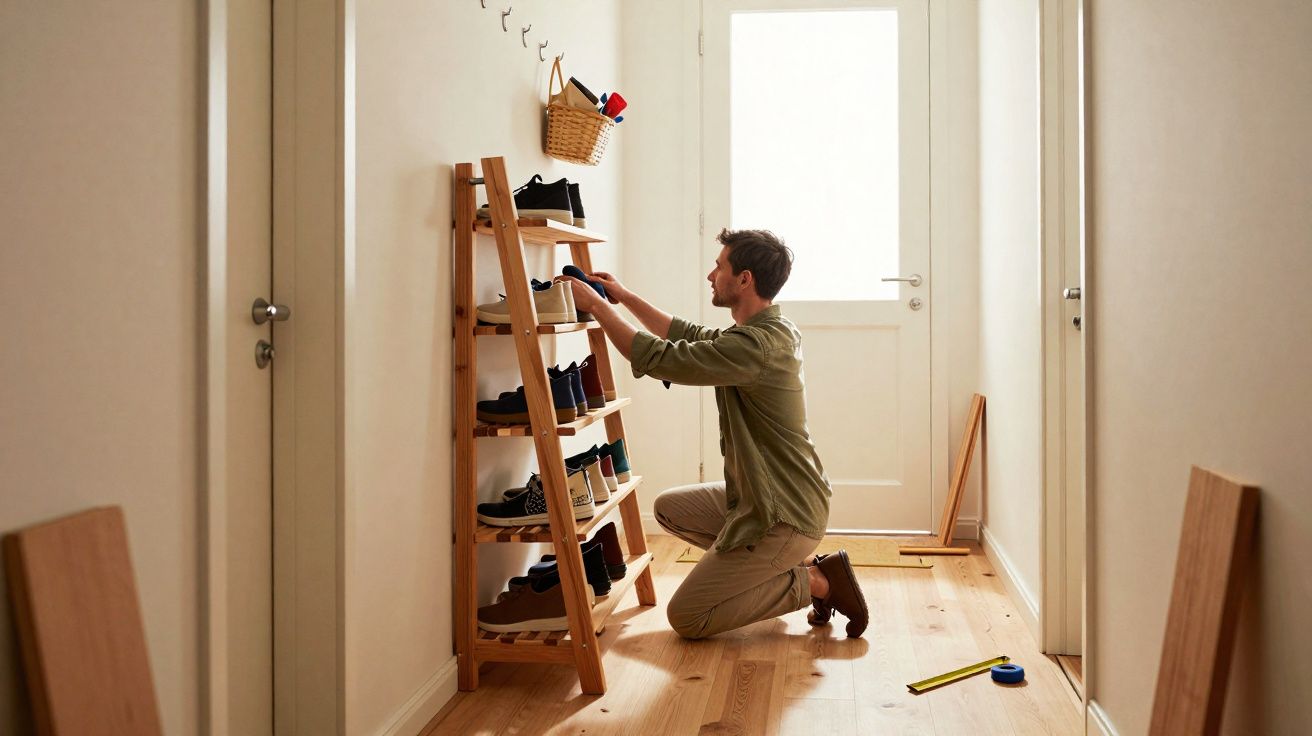 Homem a organizar sapatos numa estante de madeira num corredor iluminado por luz natural.