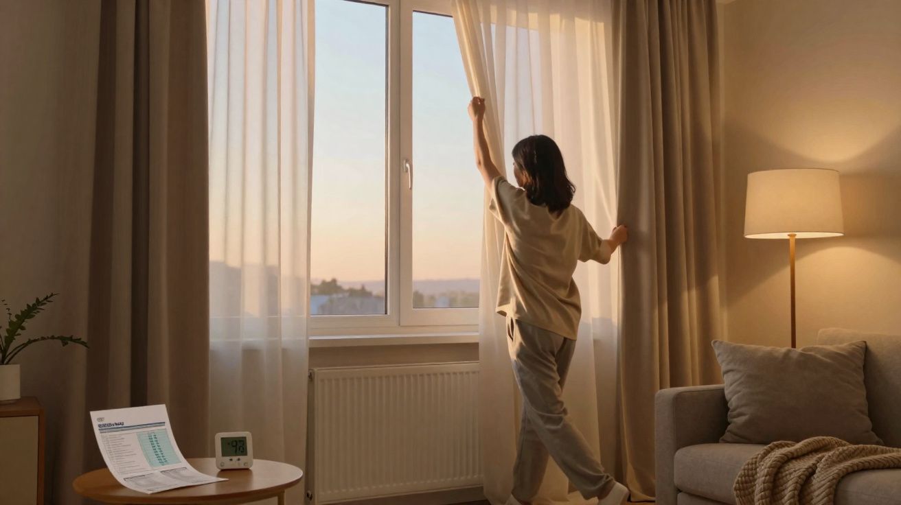 Pessoa a abrir cortinas num quarto iluminado ao final da tarde, com sofá e candeeiro ao lado.