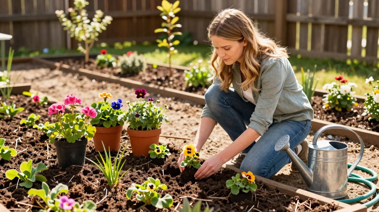 Mulher a cuidar de flores coloridas num jardim com regador metálico ao lado.