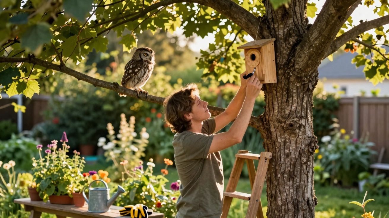 Jovem instala casa de pássaros num árvore num jardim florido com uma coruja sentada num ramo ao lado.