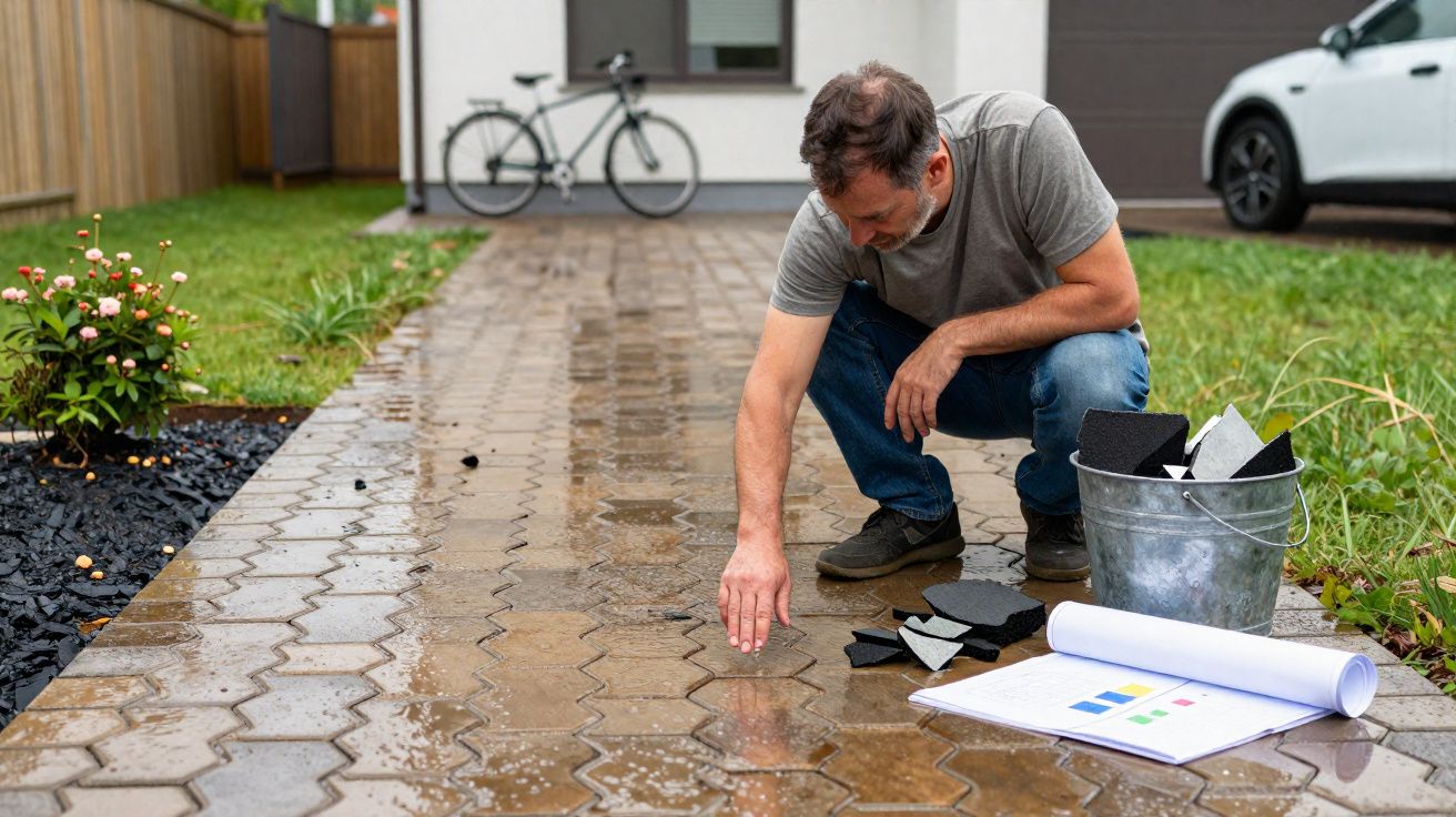 Homem agachado numa calçada molhada, verificando peças e plantas junto a balde e bicicleta ao fundo.