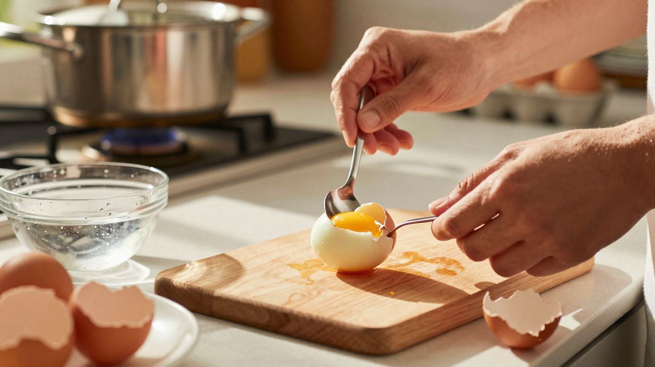 Mãos a partir um ovo cocido com uma colher sobre uma tábua de madeira numa cozinha com fogão ao fundo.