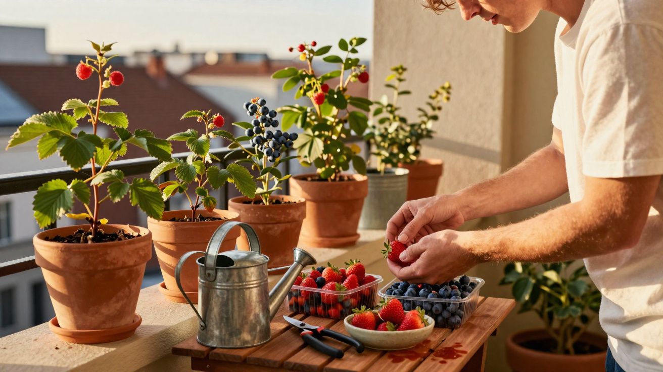 Pessoa colhendo morangos junto a vasos com plantas de frutos e regador numa varanda ensolarada.