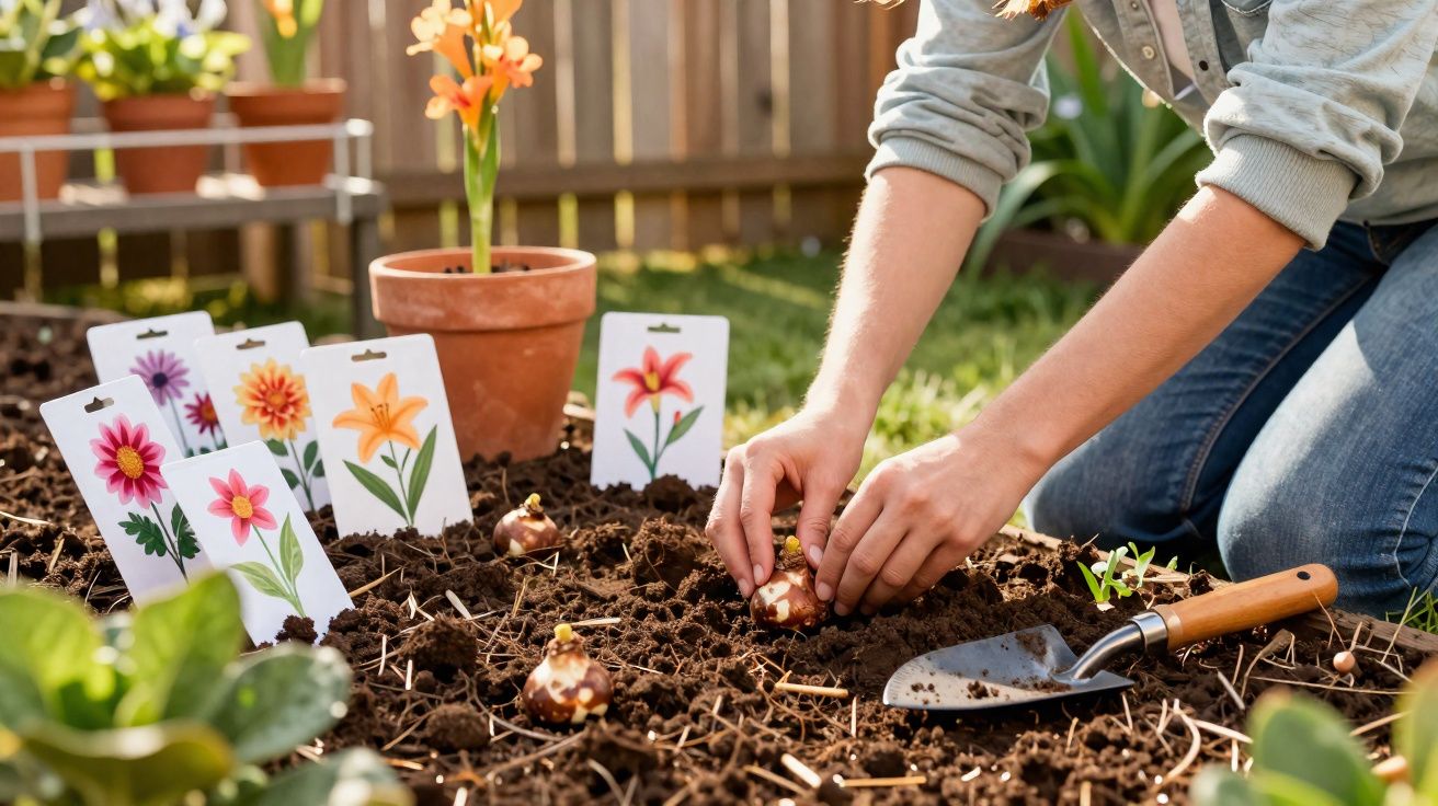 Pessoa plantando bolbos de flores numa horta com pacotes ilustrativos e uma pequena pá de jardinagem.