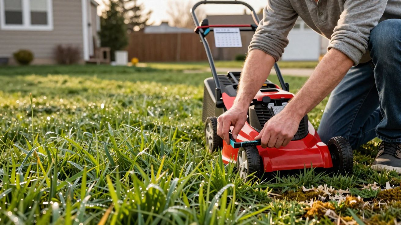 Pessoa a ajustar cortador de relva num jardim residencial verde durante o amanhecer.