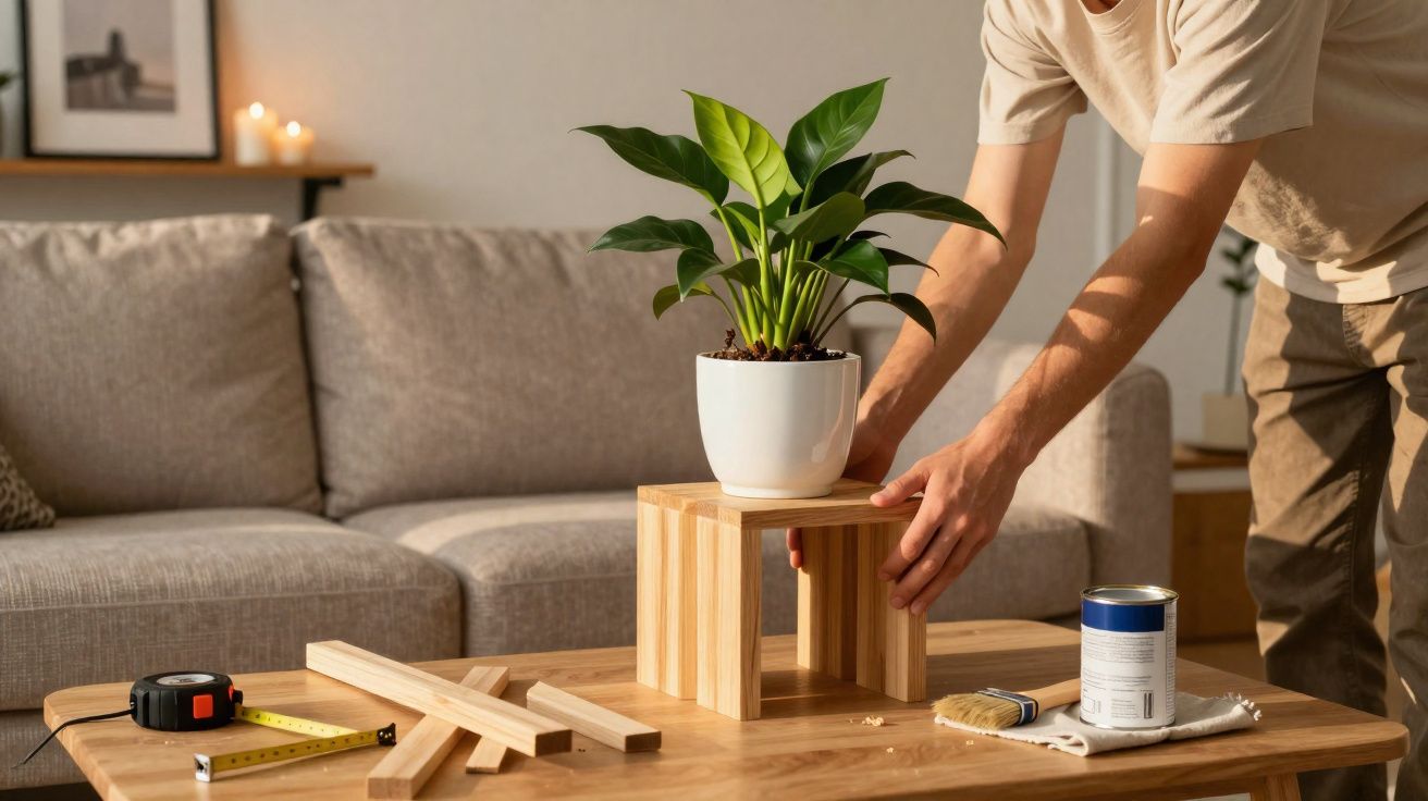 Pessoa a montar suporte de madeira para colocar vaso com planta numa sala de estar.