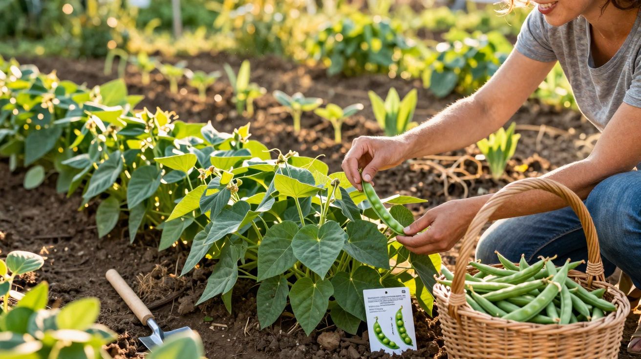 Pessoa colhendo feijão verde numa horta com cesta cheia de feijão e plantas ao redor.