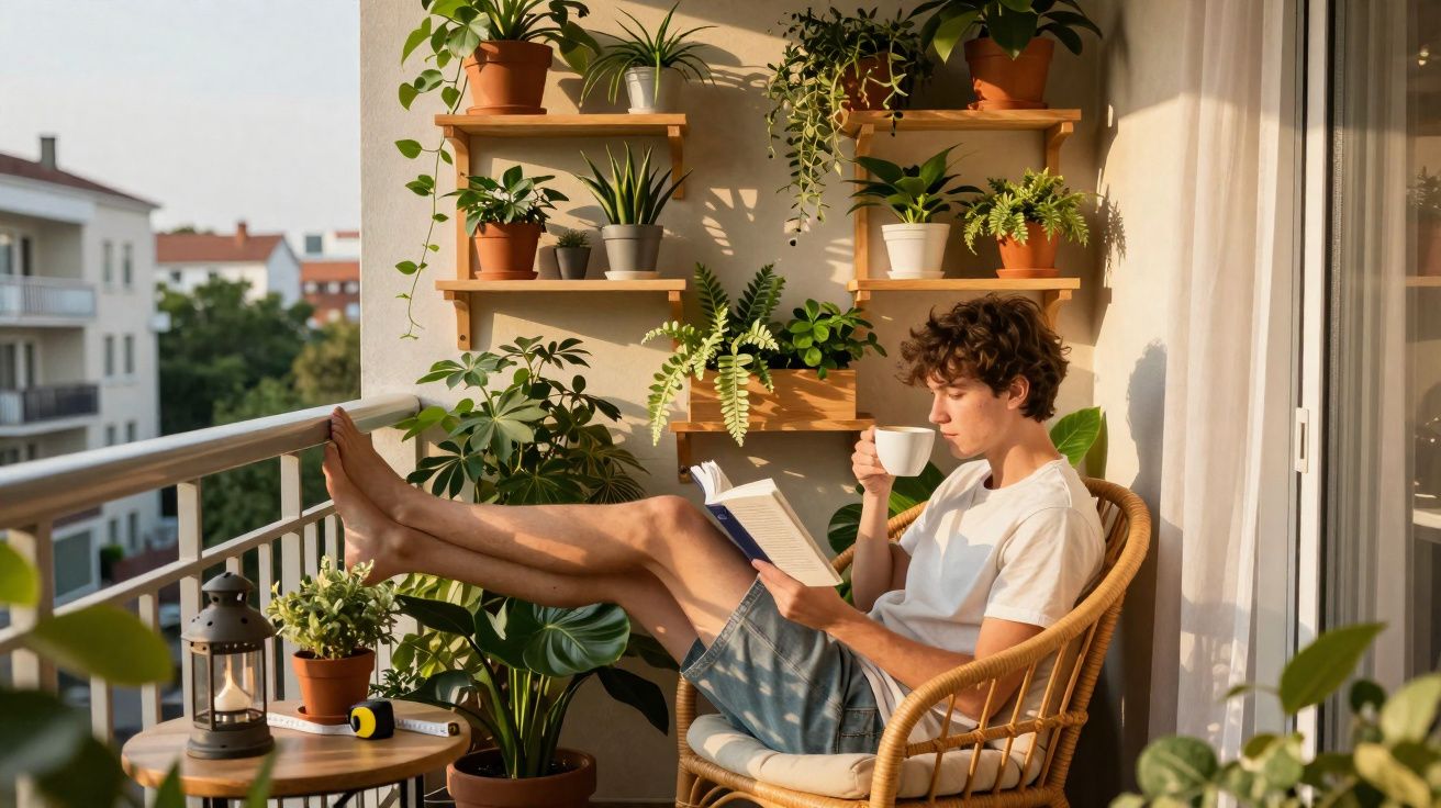 Homem jovem sentado numa varanda rodeada de plantas, lendo um livro e bebendo café ao pôr do sol.