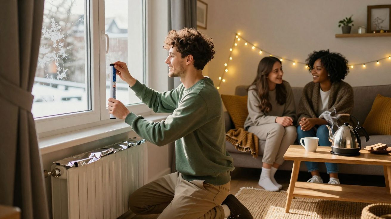 Homem mede temperatura da janela com duas mulheres sentadas a conversar numa sala acolhedora.