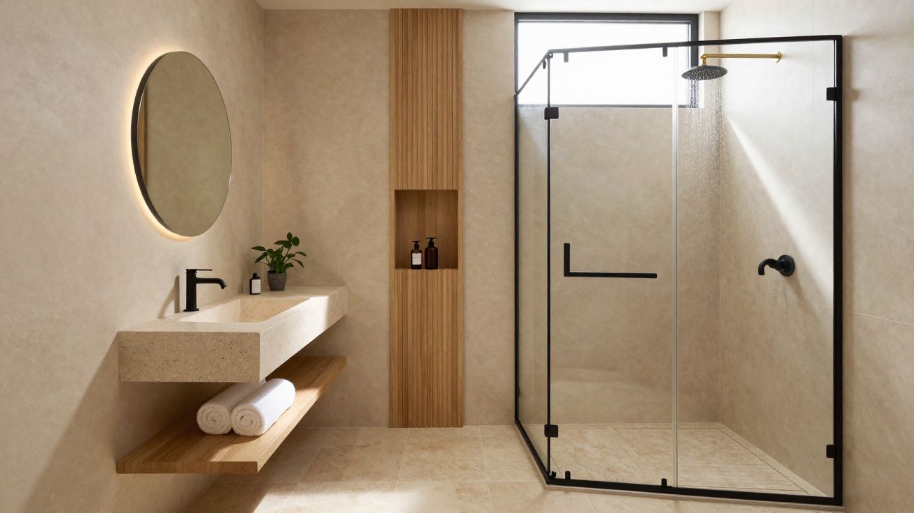 Casa de banho moderna com chuveiro de vidro, bancadas em pedra e espelho redondo iluminado.