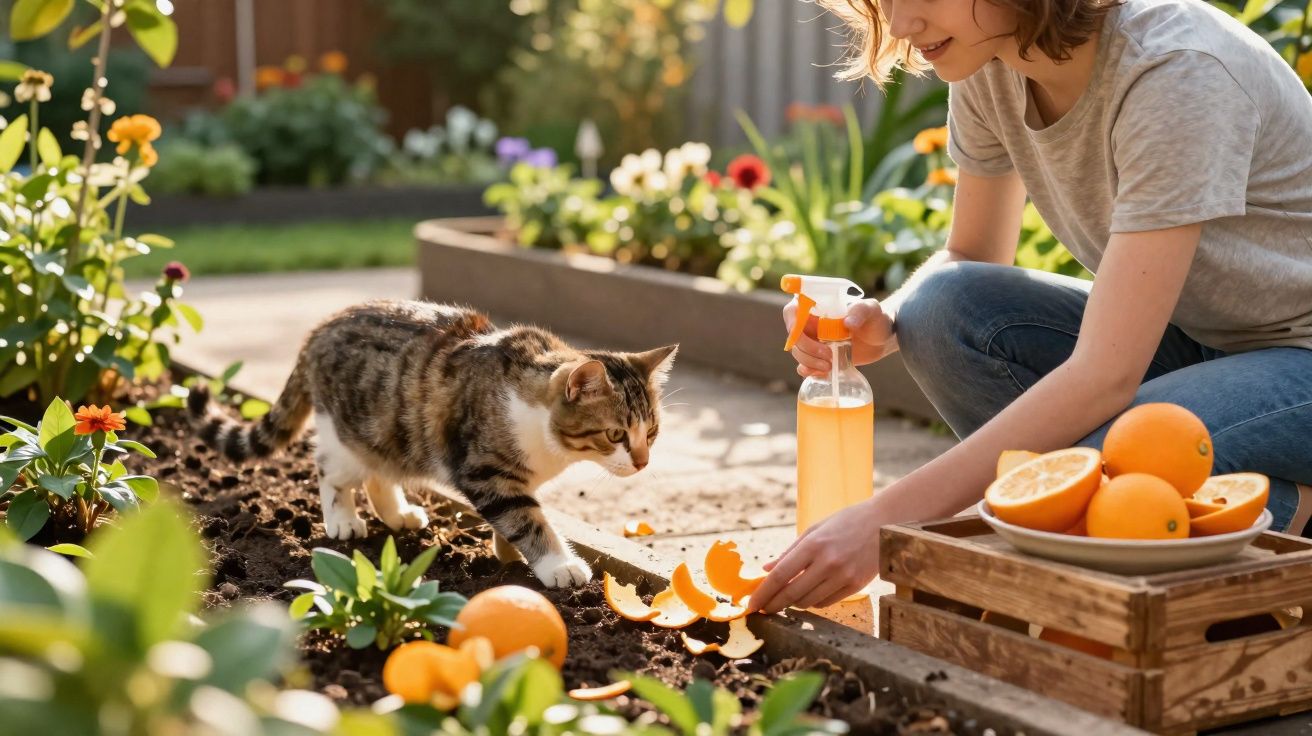 Mulher de joelhos num jardim com pulverizador, oferecendo cascas de laranja a um gato curioso.