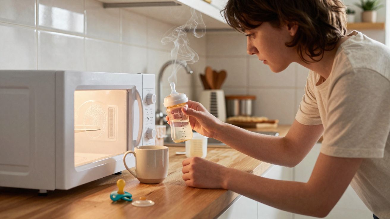 Pessoa a aquecer um biberão no micro-ondas numa cozinha moderna com vapor a sair do biberão.