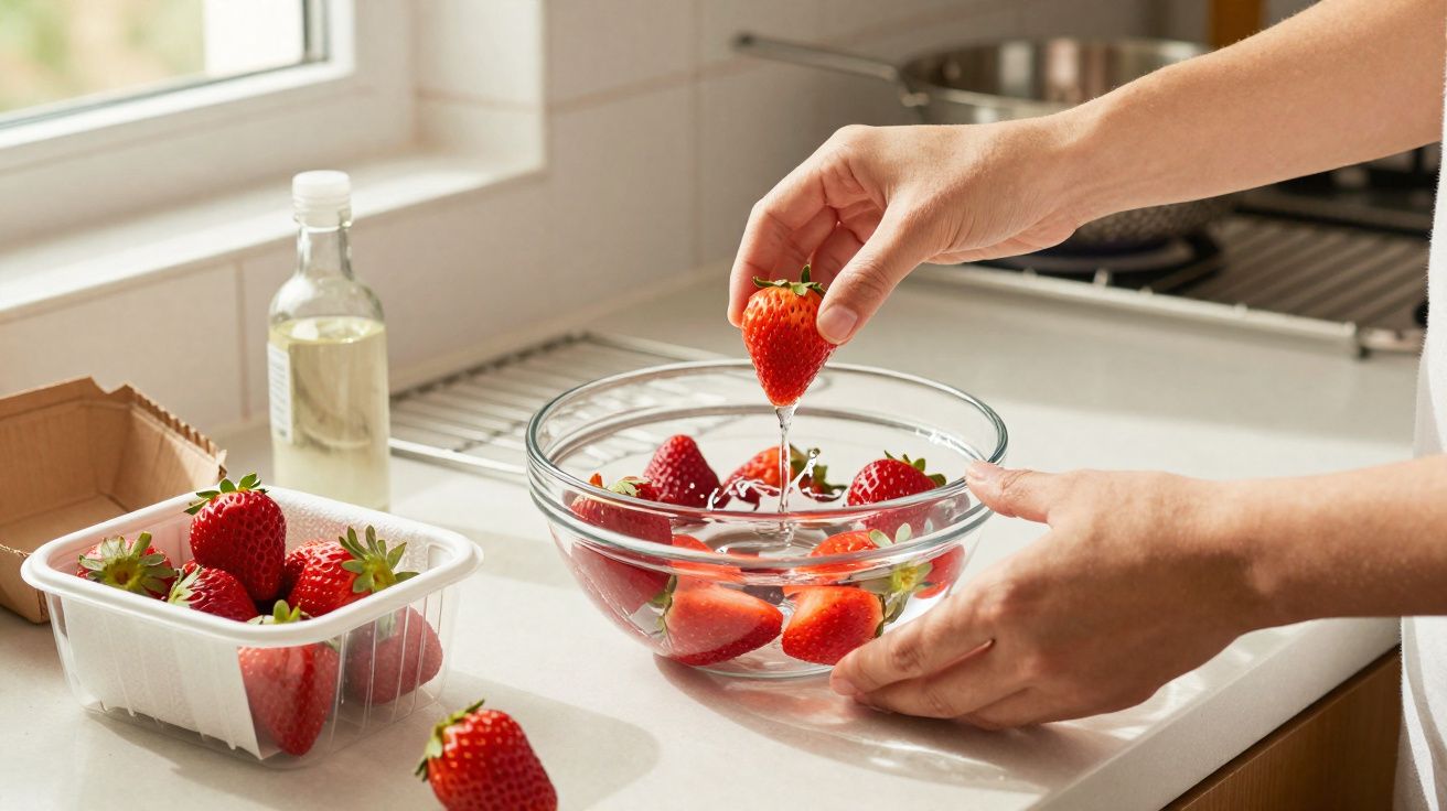 Mãos a lavar morangos numa tigela de vidro cheia de água numa cozinha iluminada por luz natural.
