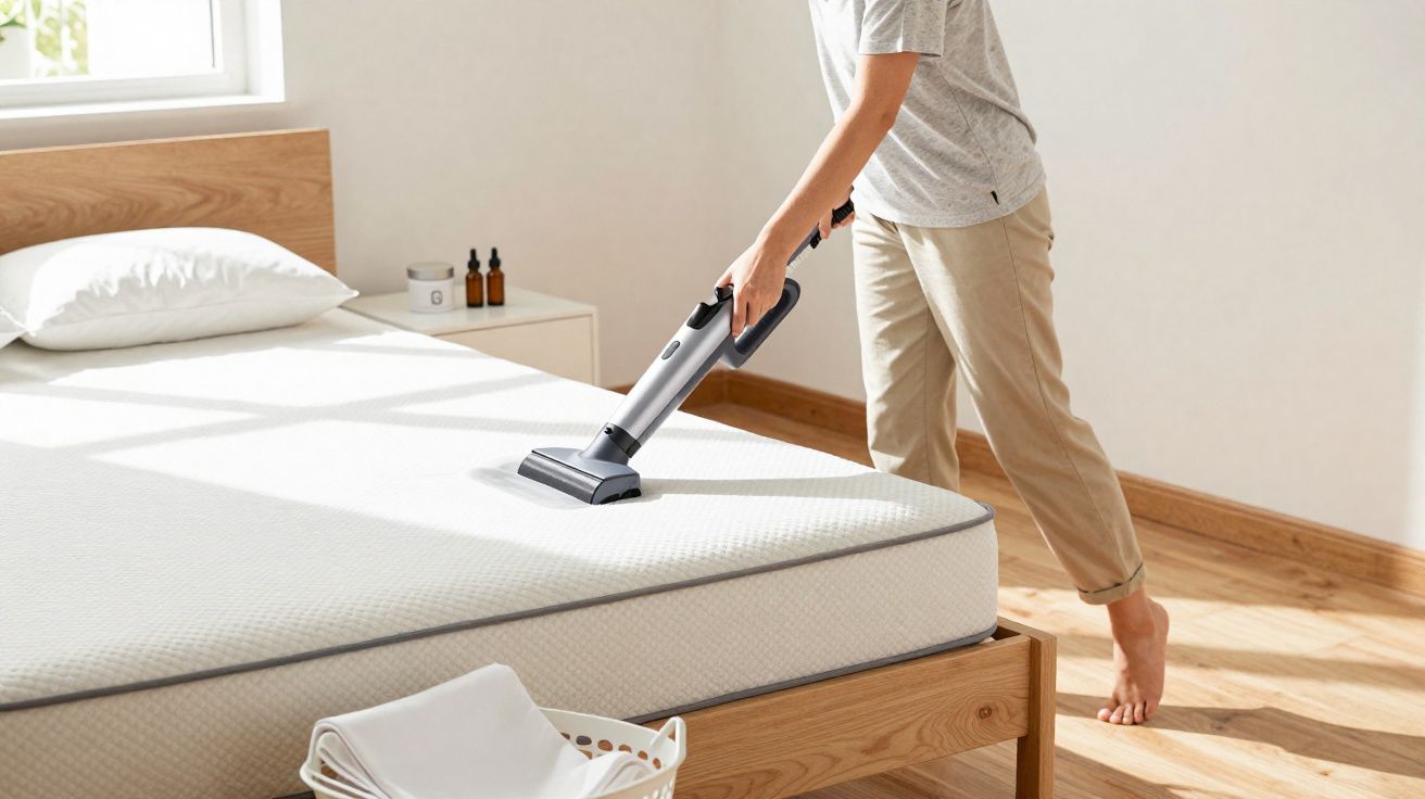 Pessoa a aspirar colchão branco numa cama de madeira num quarto iluminado pela luz natural.