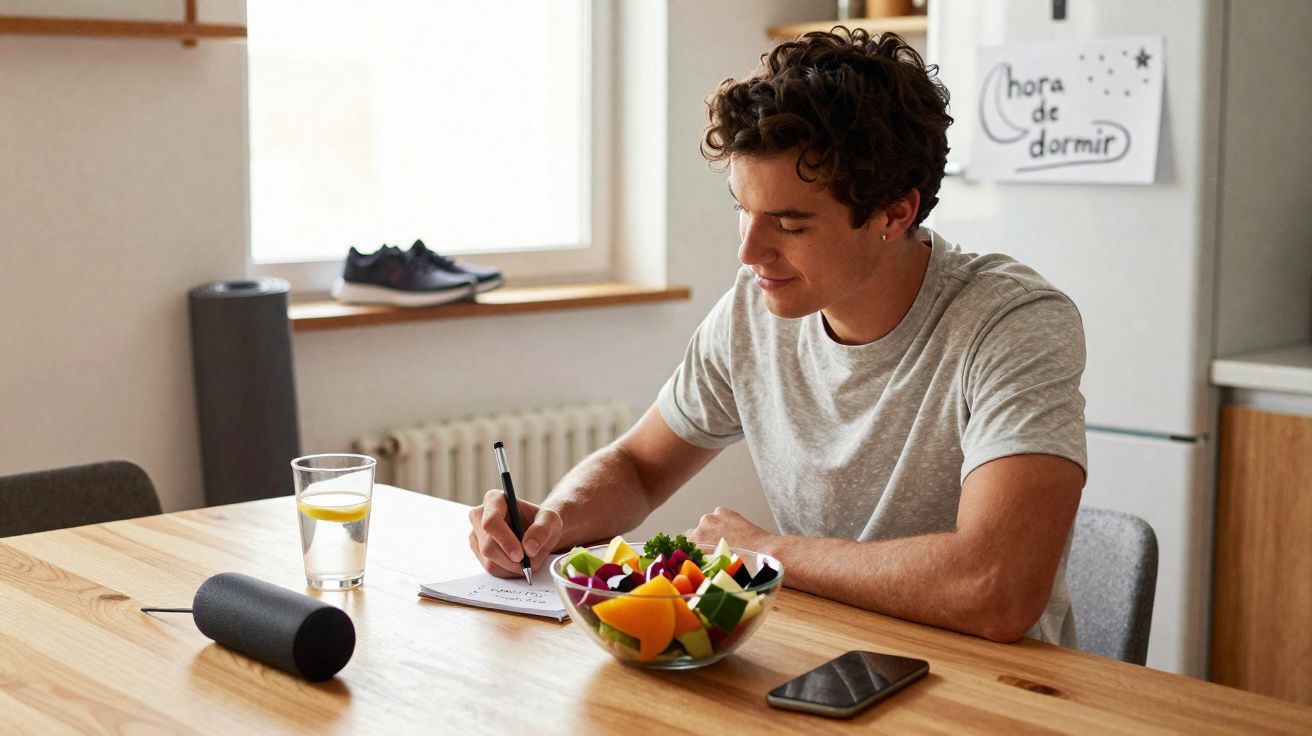 Jovem sentado à mesa, a escrever num caderno, com uma tigela de fruta, copo de água e telemóvel à sua frente.