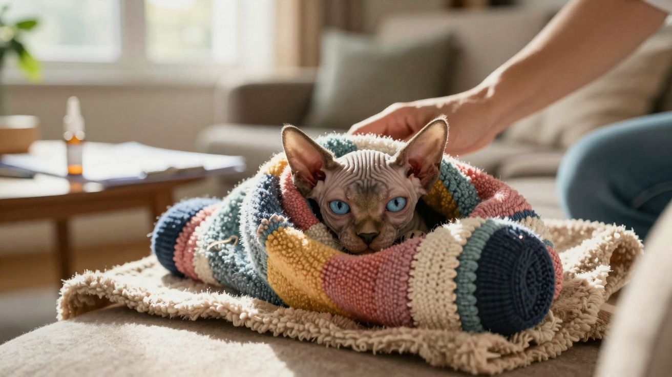 Gato Sphynx enrolado numa manta colorida numa sala de estar, com uma mão a aconchegar o gato.