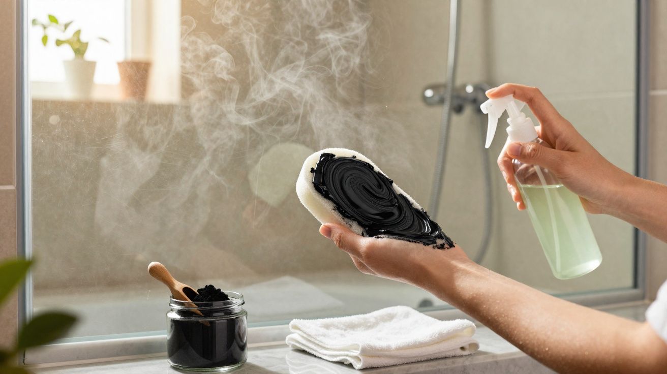 Mãos aplicam máscara negra num aplicador com borrifador num ambiente de casa de banho iluminado.