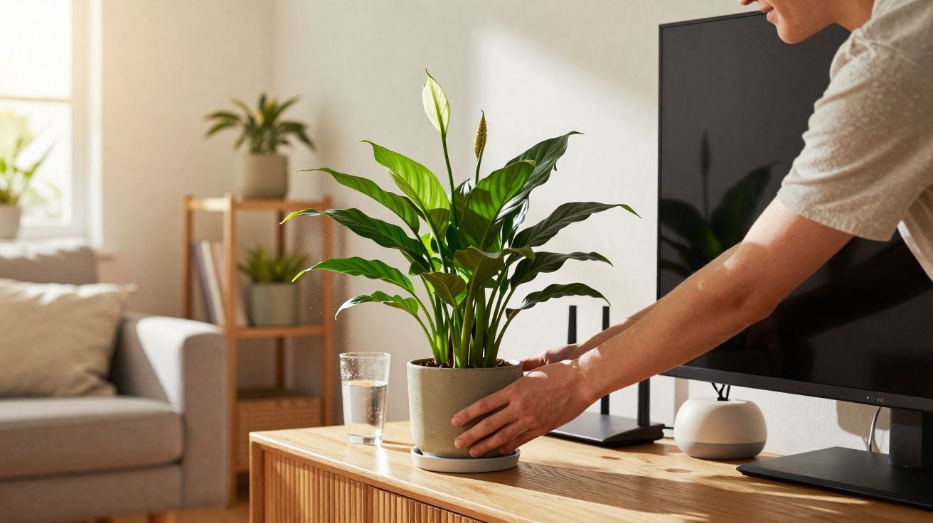 Pessoa a colocar planta em vaso sobre móvel de madeira numa sala de estar iluminada.