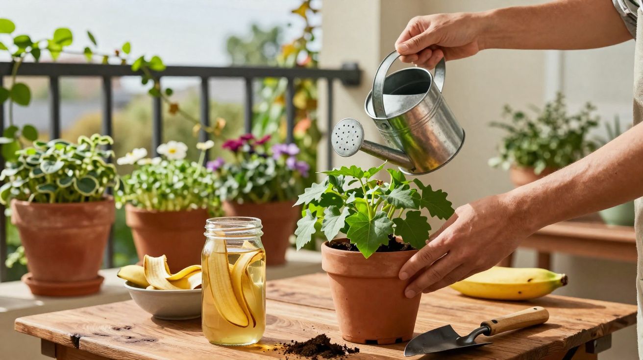Pessoa a regar planta em vaso de barro numa varanda com várias plantas e frutos numa mesa de madeira.