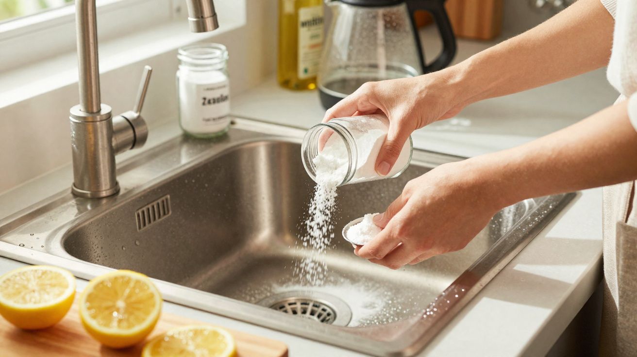 Pessoa a despejar sal numa pia de cozinha com limões cortados e temperos ao fundo.