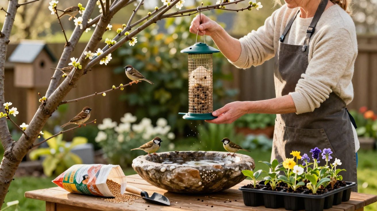 Mulher a alimentar pássaros no jardim com comedouro suspenso, sementes e flores numa mesa de madeira.