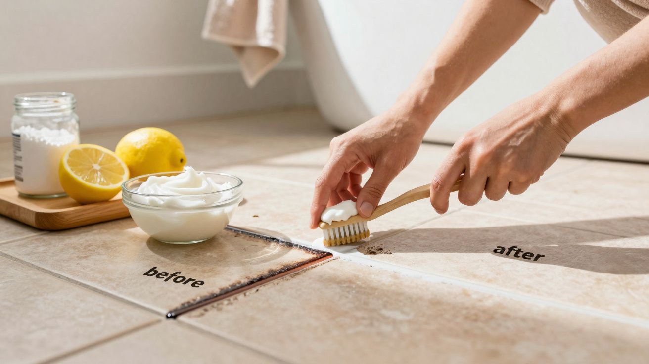 Mãos a limpar sujidade de chão de azulejos com escova e pasta branca, limão e bicarbonato à esquerda.