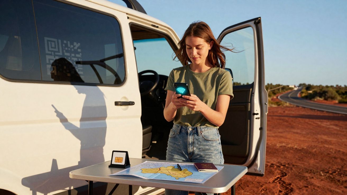 Mulher junto a uma carrinha branca parada na estrada, a usar telemóvel com mapa e passaporte na mesa.