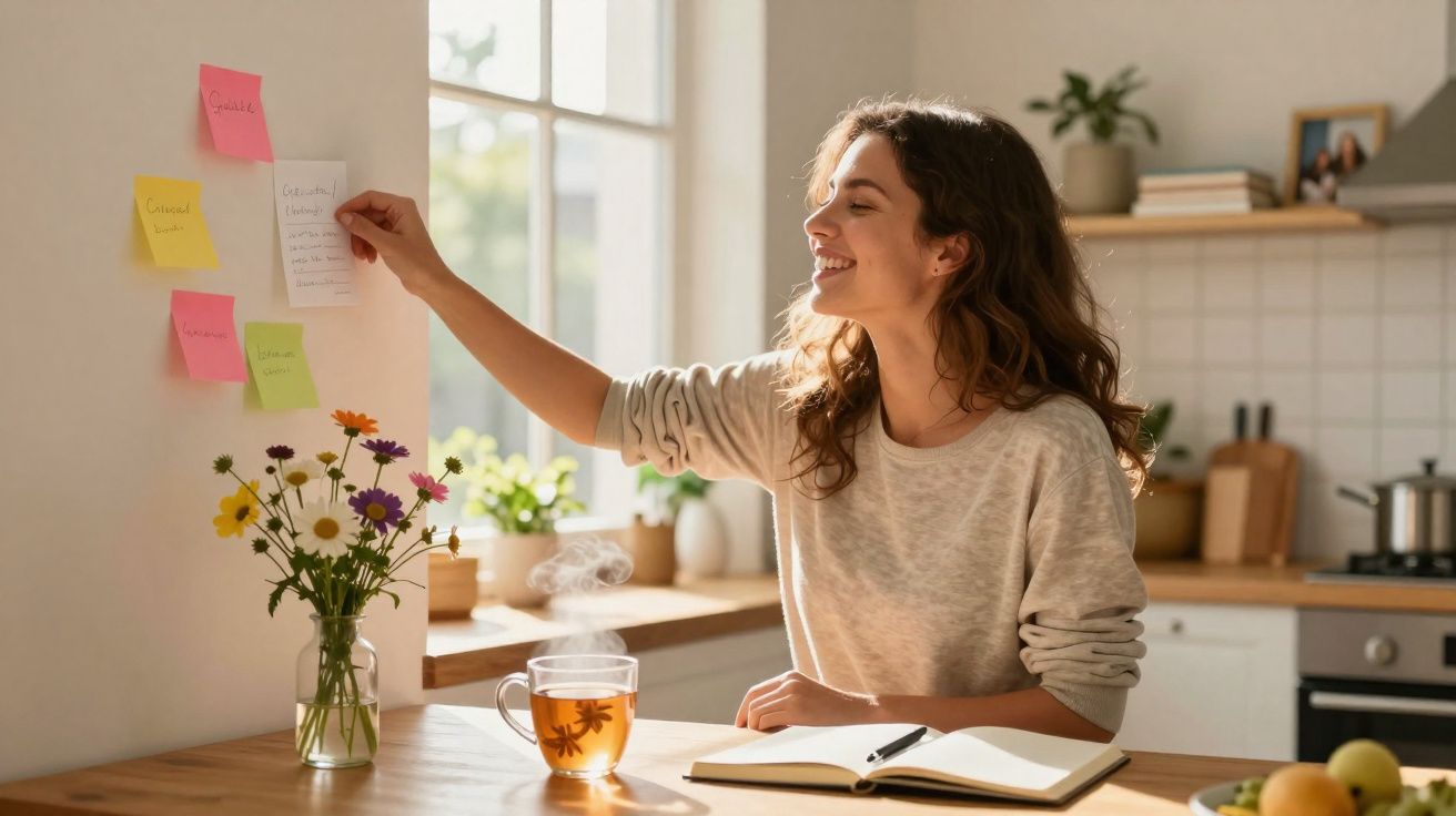 Mulher sorridente a colar notas coloridas na parede numa cozinha iluminada com chá e caderno à frente.