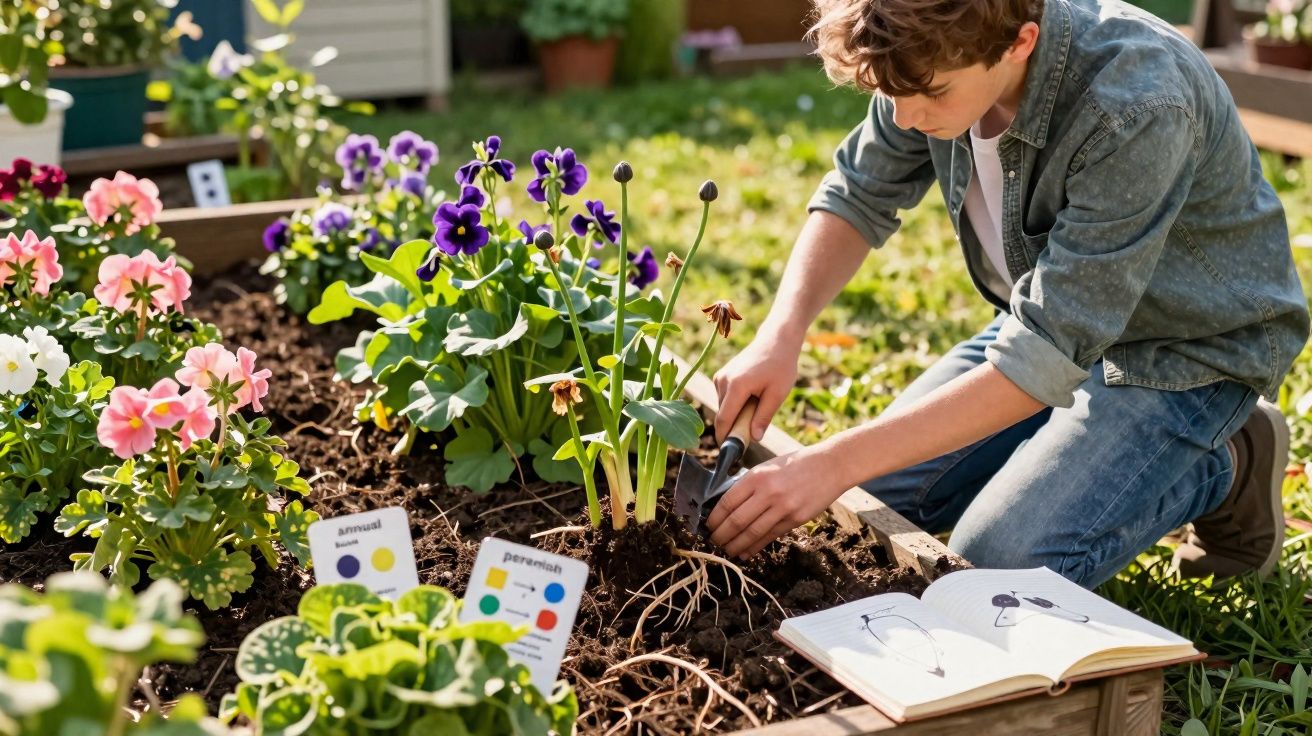 Jovem a cuidar de flores num canteiro, com livro aberto sobre plantas ao lado, num jardim ao ar livre.