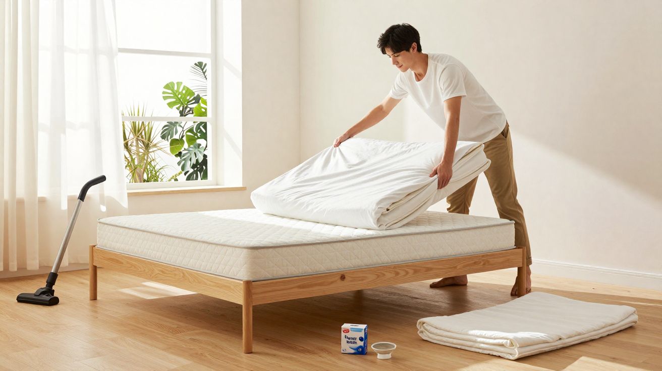 Homem a arrumar roupa de cama branca num quarto luminoso com janela e aspirador no chão.