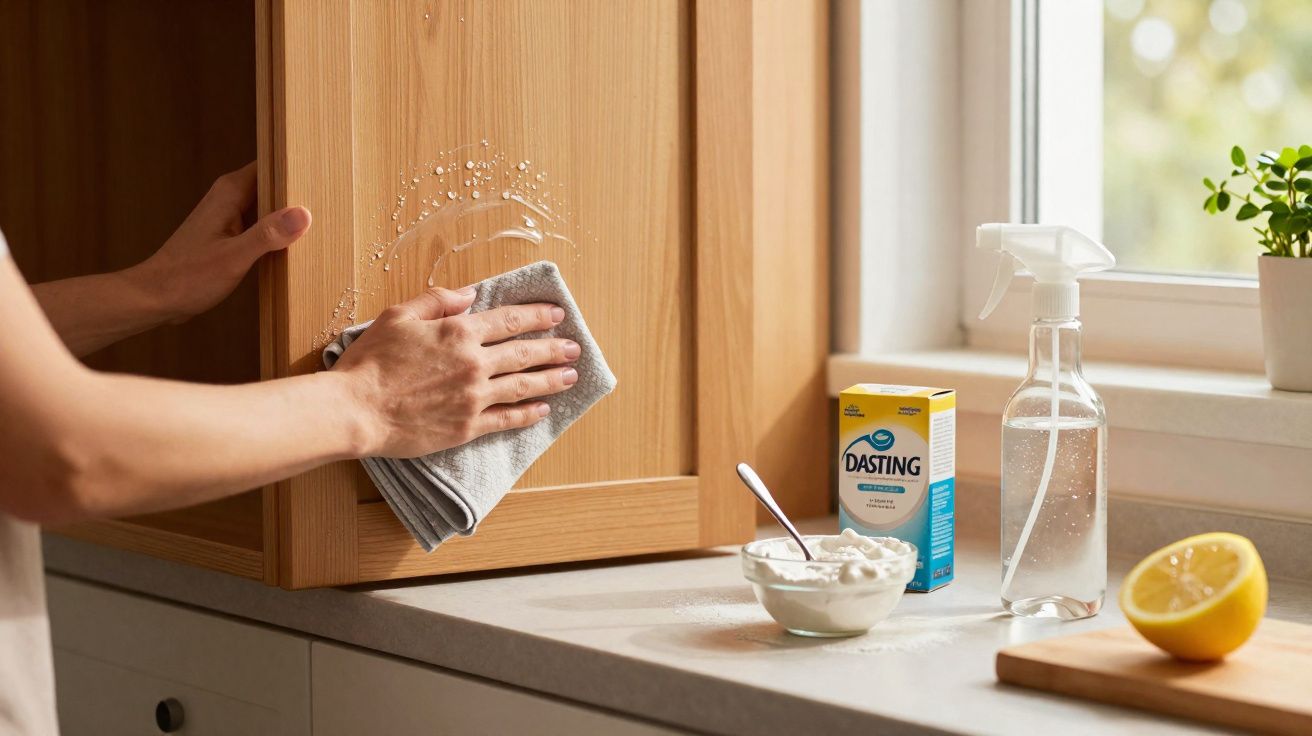 Pessoa a limpar armário de madeira na cozinha com pano cinza, ao lado de bicarbonato, spray e limão.