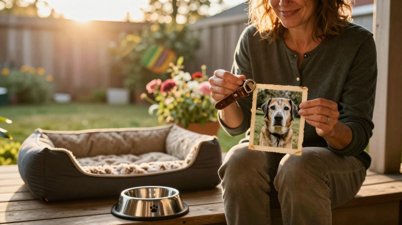 Mulher sentada no jardim segurando foto e coleira de cão, com cama e tigela de cão ao lado.