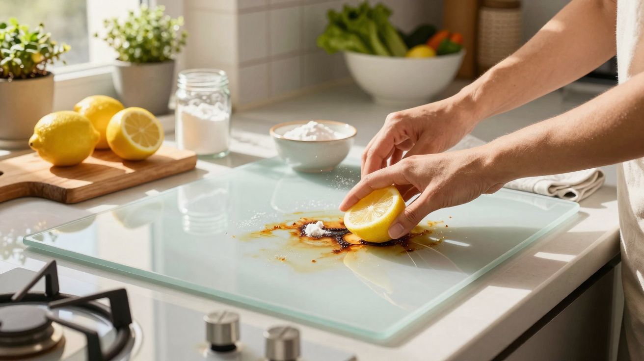 Mãos a limpar manchas de gordura num fogão de vidro usando limão e sal na cozinha iluminada.