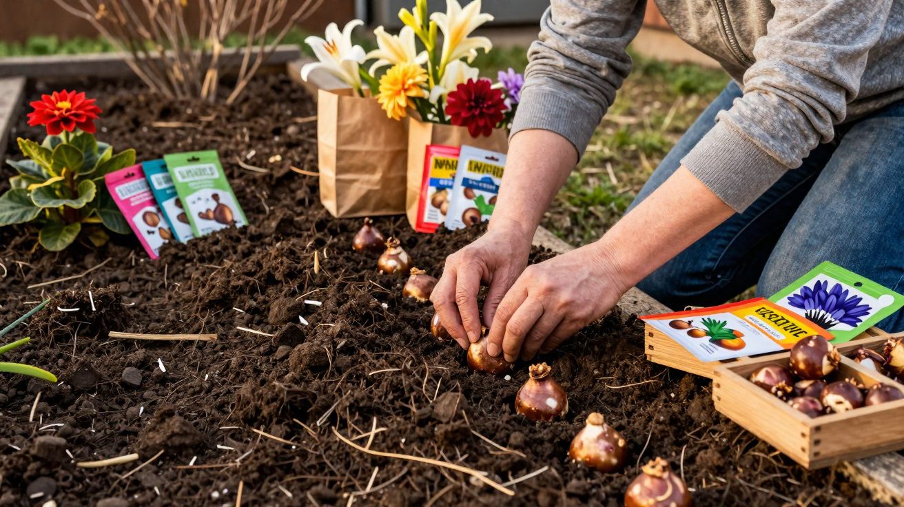 Pessoa a plantar bolbos de flores num jardim com sacos de papel e embalagens coloridas de sementes ao fundo.