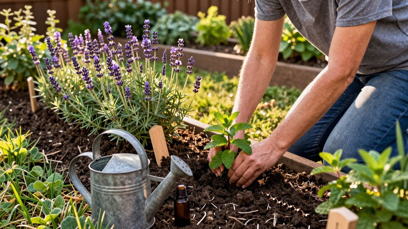Pessoa a plantar uma muda num canteiro com ferramentas de jardinagem e flores de lavanda.