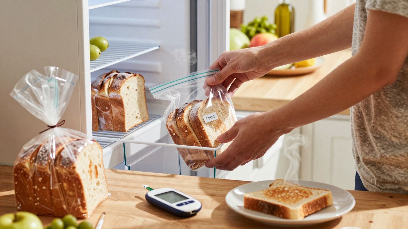 Pessoa a guardar fatias de pão num saco plástico dentro do frigorífico, com torrada e medidor de glicose na mesa.