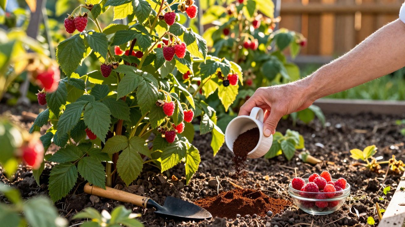 Pessoa a fertilizar solo junto a uma planta de framboesas vermelhas num jardim ensolarado.