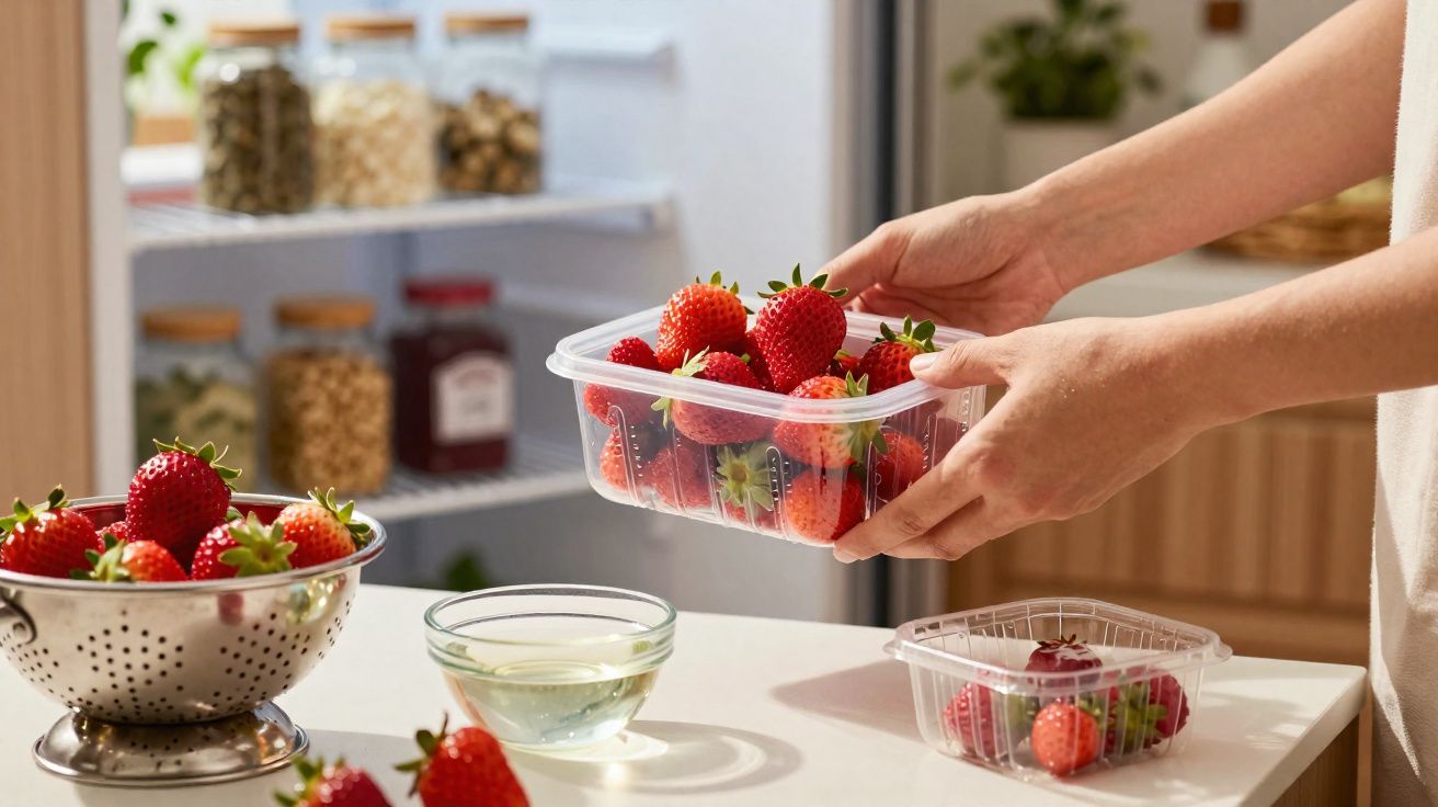 Pessoa a guardar morangos frescos num recipiente plástico numa cozinha moderna iluminada.