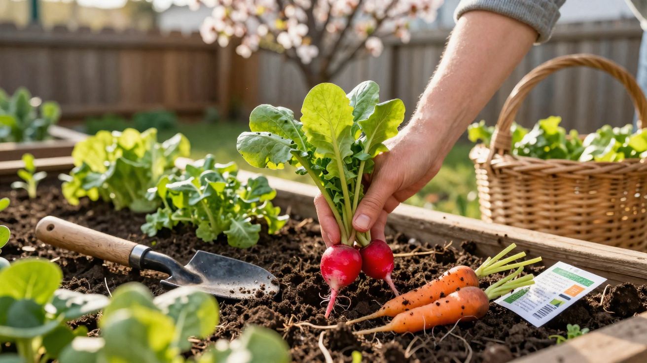 Mão a colher rabanetes frescos numa horta com cenouras, alface e pá de jardinagem ao lado.