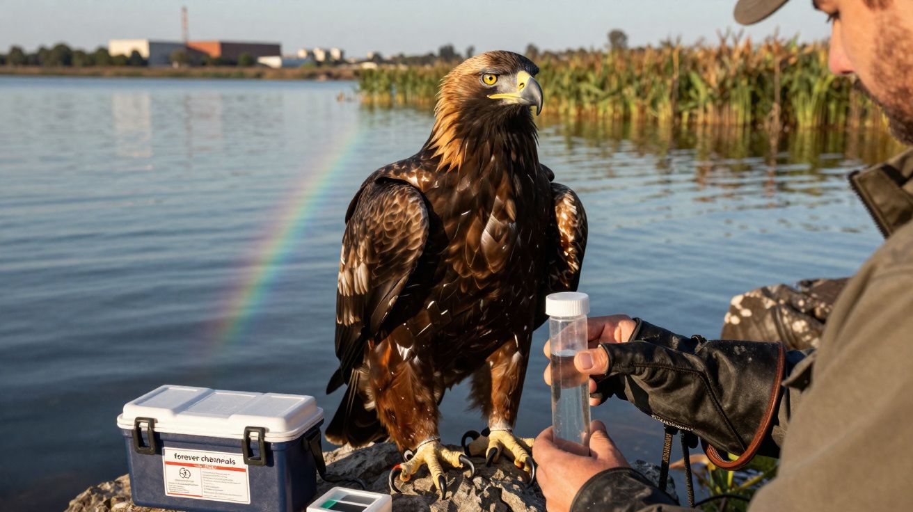 Águia repousa em rocha junto a lago enquanto pessoa com luva segura tubo de ensaio transparente.