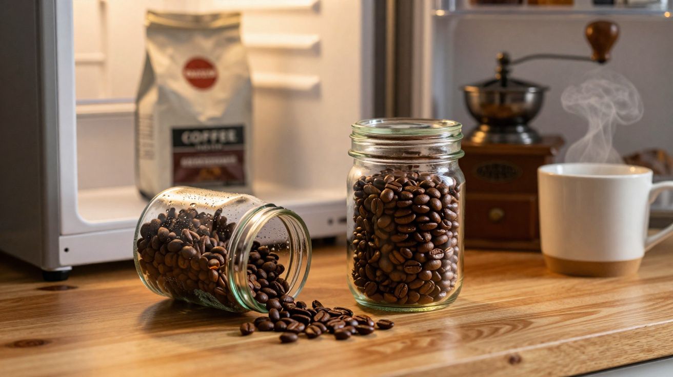 Grãos de café em frascos de vidro sobre mesa de madeira, com café moído e chávena de café fumegante ao fundo.