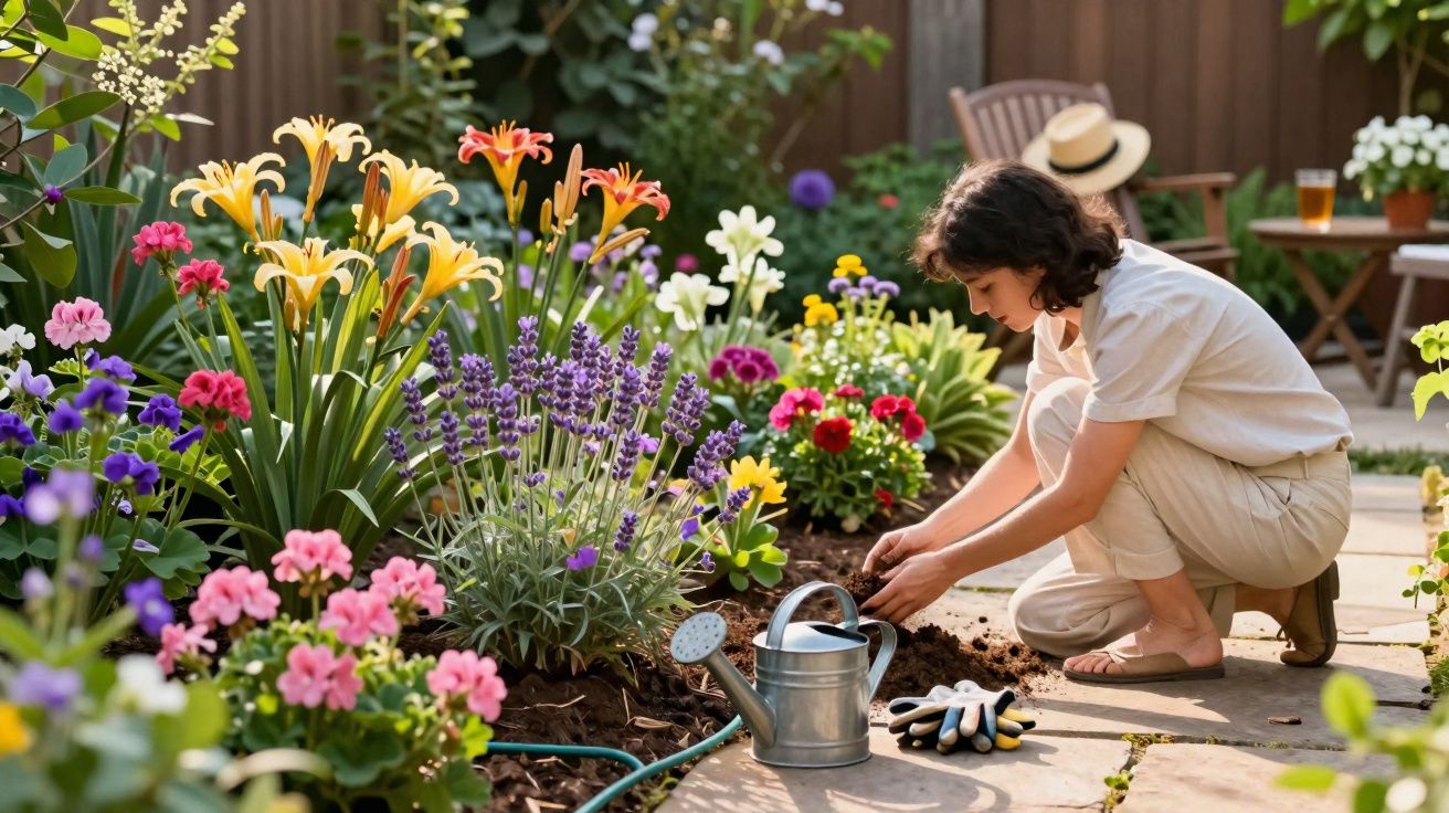 Mulher a cuidar de flores coloridas num jardim ensolarado, com regador e luvas ao lado.