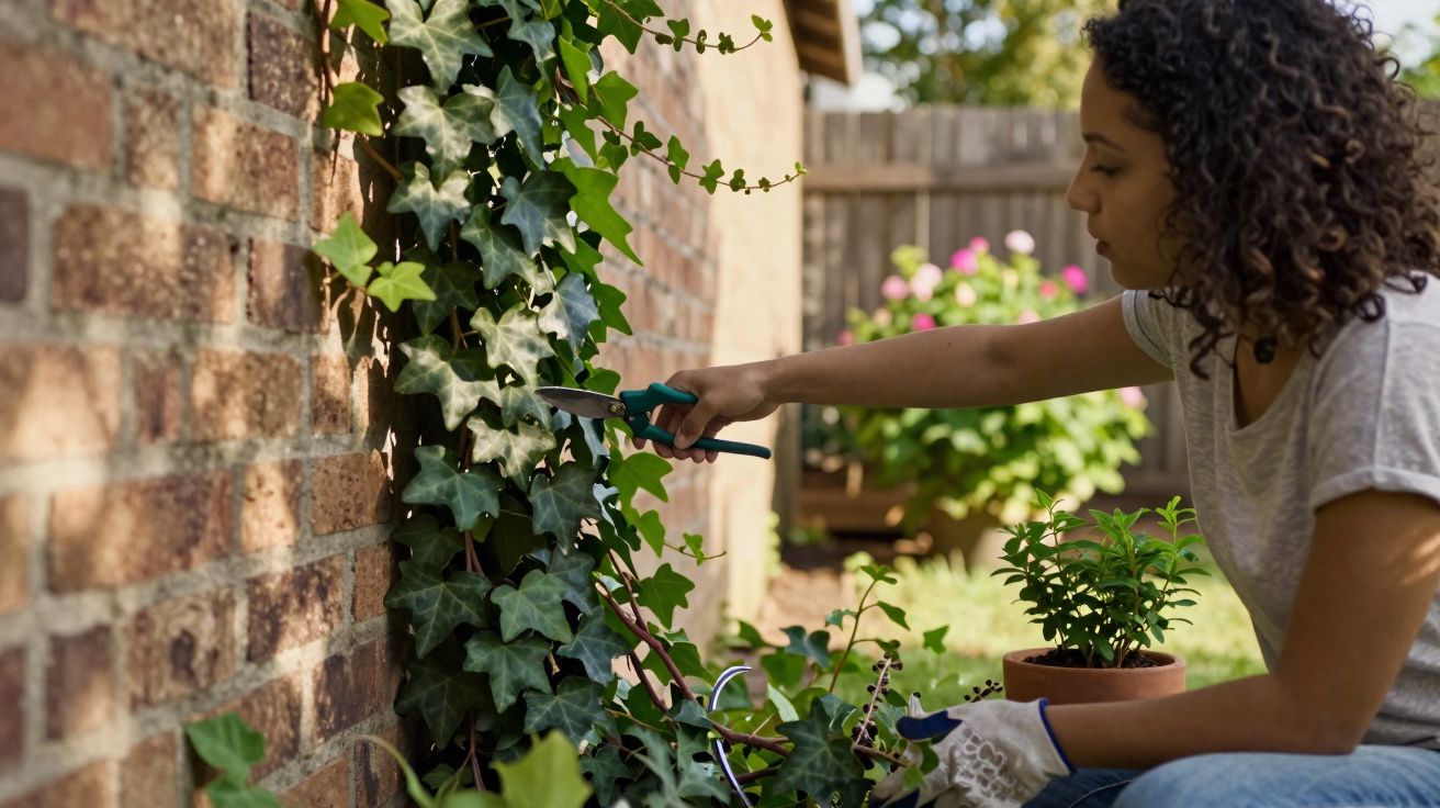 Mulher a podar plantas de hera junto a uma parede de tijolos num jardim ensolarado.