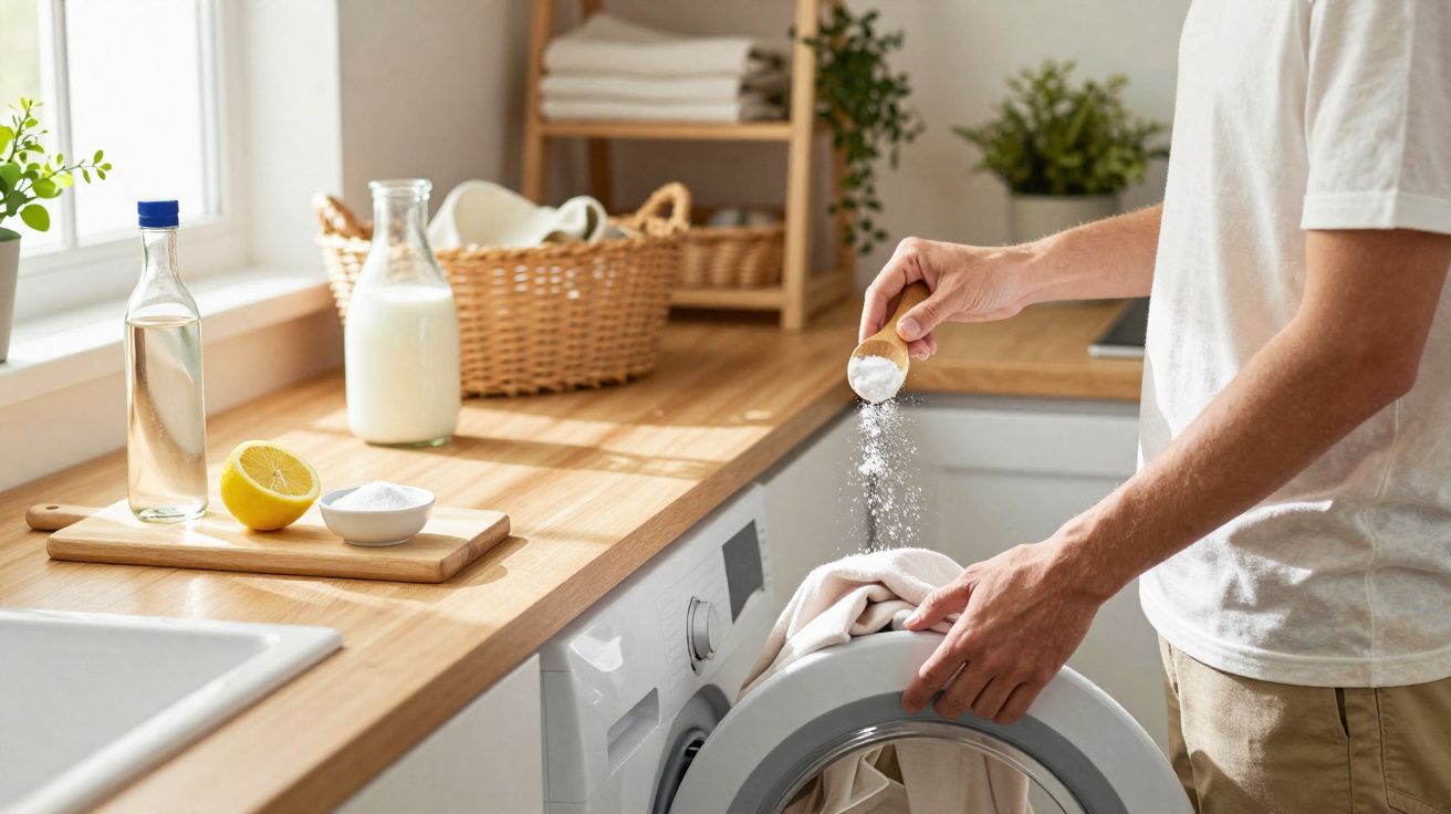 Pessoa a colocar detergente numa máquina de lavar roupa numa cozinha iluminada e organizada.