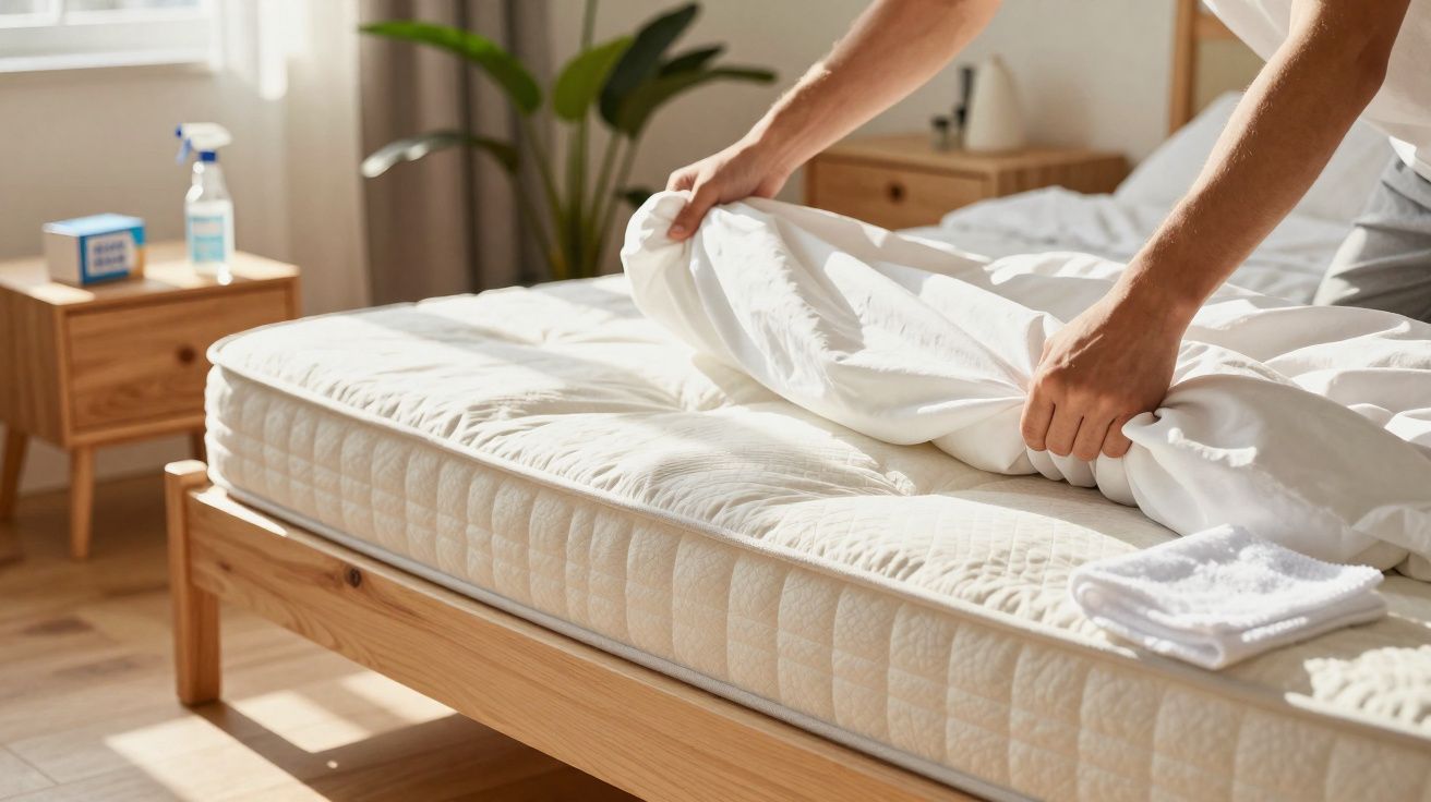 Pessoa a arrumar a cama com lençol branco num quarto iluminado e mobiliário em madeira clara.