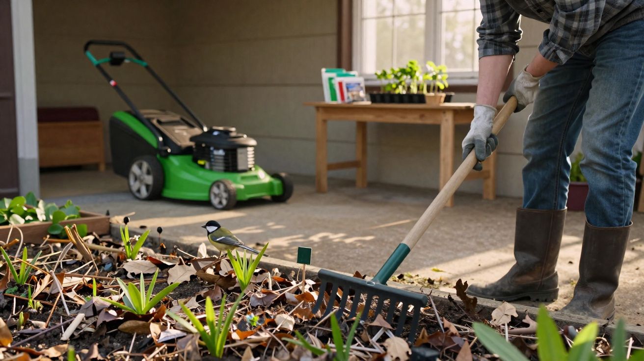 Pessoa a apanhar folhas secas num jardim com um ancinho, perto de uma máquina de cortar relva verde.