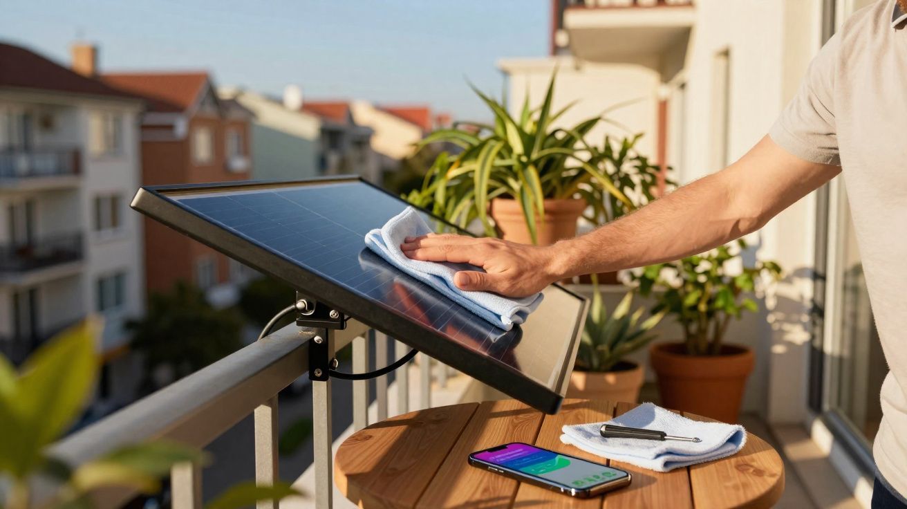 Pessoa a limpar painel solar num terraço com smartphone e plantas ao fundo em dia ensolarado.