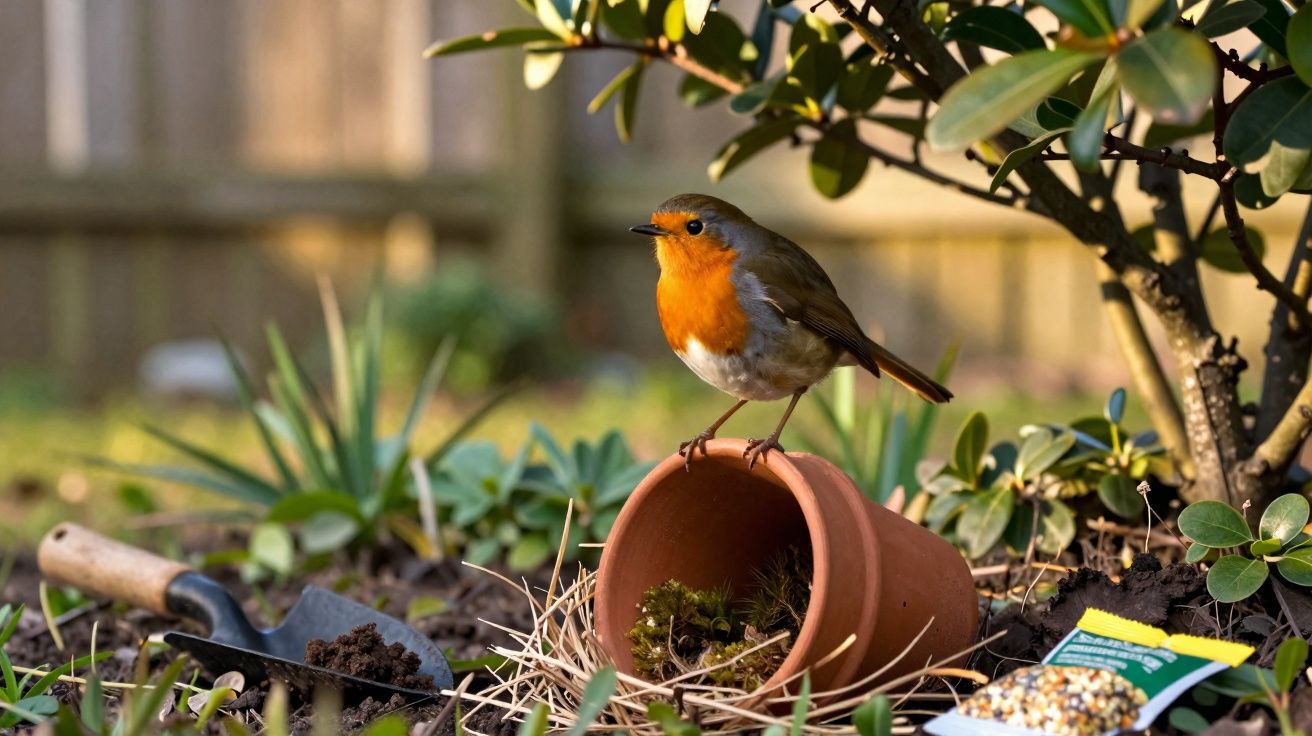 Pisco-de-peito-ruivo empoleirado numa floreira de barro no jardim com espátula e sementeiras.